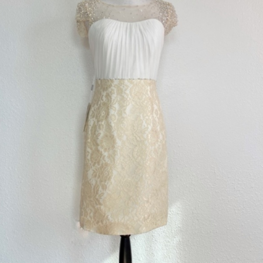 Beaded Lace Cap Sleeve Champagne Pencil Dress